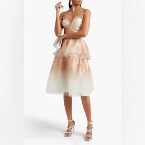 Marchesa Notte Pink and White Embellished Babydoll Dress Sweetheart Neckline - Picture 3 of 12